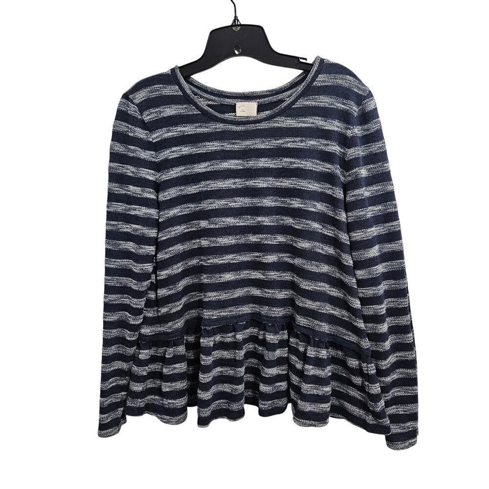 Postmark Anthropologie Blue Striped Long Sleeve Peplum Knit Sweater Size XL